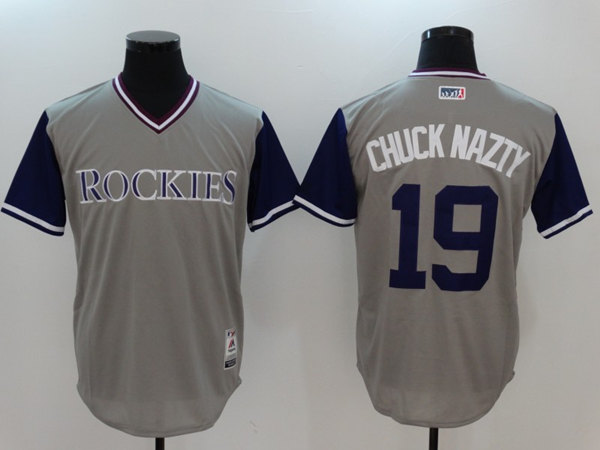 Men's Colorado Rockies #19 Charlie Blackmon "Chuck Nazty" Grey Stitched Jersey - Click Image to Close